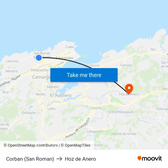 Corban (San Roman) to Hoz de Anero map