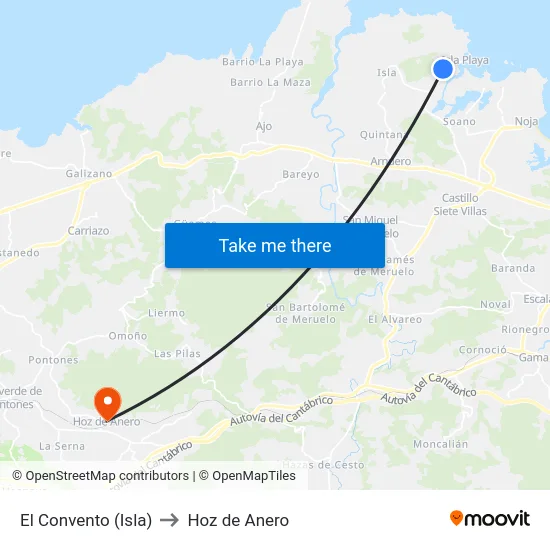 El Convento (Isla) to Hoz de Anero map