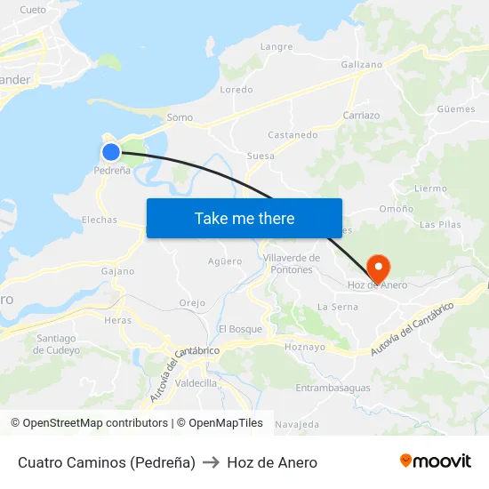Cuatro Caminos (Pedreña) to Hoz de Anero map