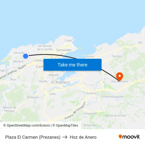 Plaza El Carmen (Prezanes) to Hoz de Anero map