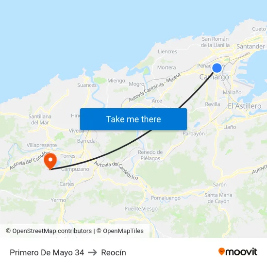 Primero De Mayo 34 to Reocín map