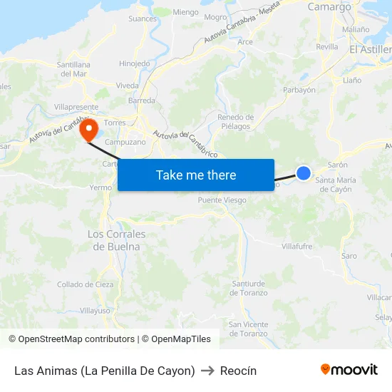 Las Animas (La Penilla De Cayon) to Reocín map