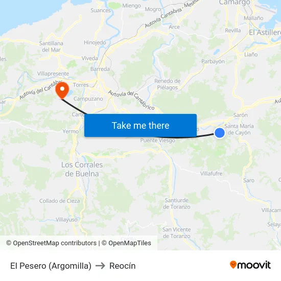 El Pesero (Argomilla) to Reocín map