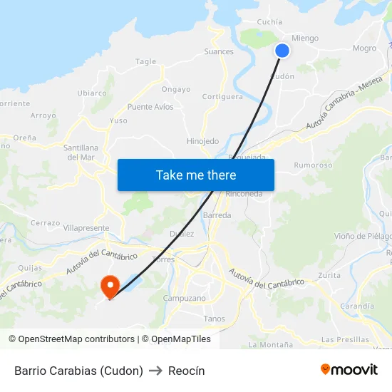 Barrio Carabias (Cudon) to Reocín map