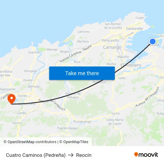 Cuatro Caminos (Pedreña) to Reocín map