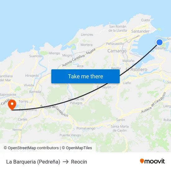 La Barqueria (Pedreña) to Reocín map