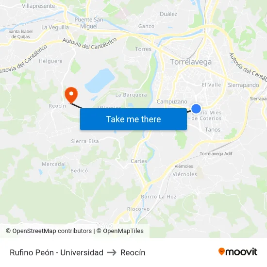 Rufino Peón - Universidad to Reocín map