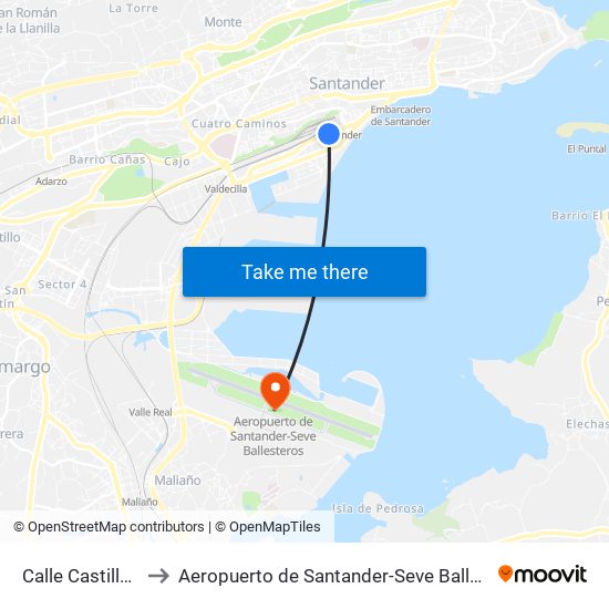 Calle Castilla 27 to Aeropuerto de Santander-Seve Ballesteros map