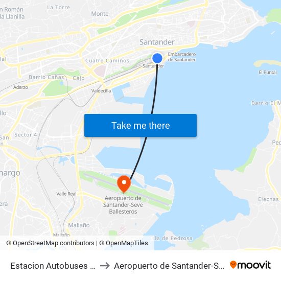 Estacion Autobuses (Santander) to Aeropuerto de Santander-Seve Ballesteros map