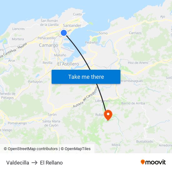 Valdecilla to El Rellano map
