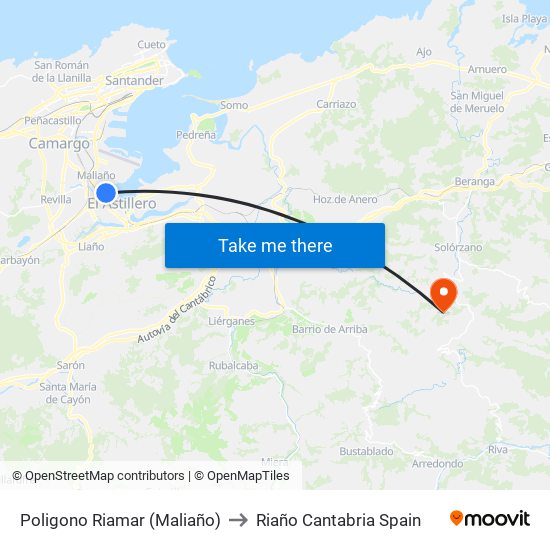 Poligono Riamar (Maliaño) to Riaño Cantabria Spain map