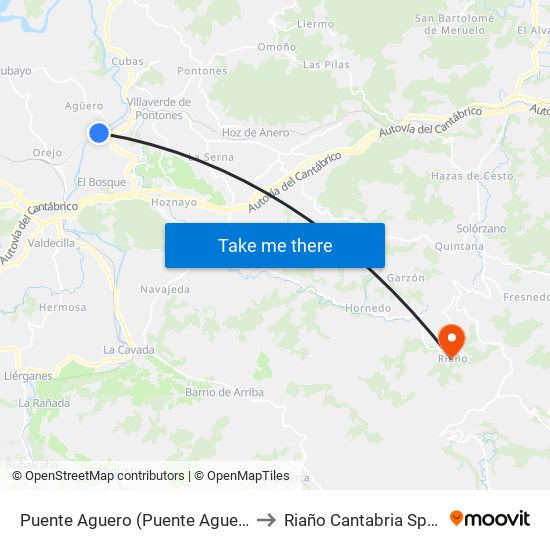 Puente Aguero (Puente Aguero) to Riaño Cantabria Spain map