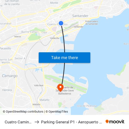 Cuatro Caminos (Santander) to Parking General P1 - Aeropuerto de Santander-Seve Ballesteros map