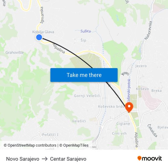 Novo Sarajevo to Centar Sarajevo map