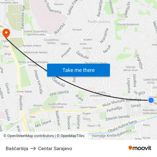 Baščaršija to Centar Sarajevo map