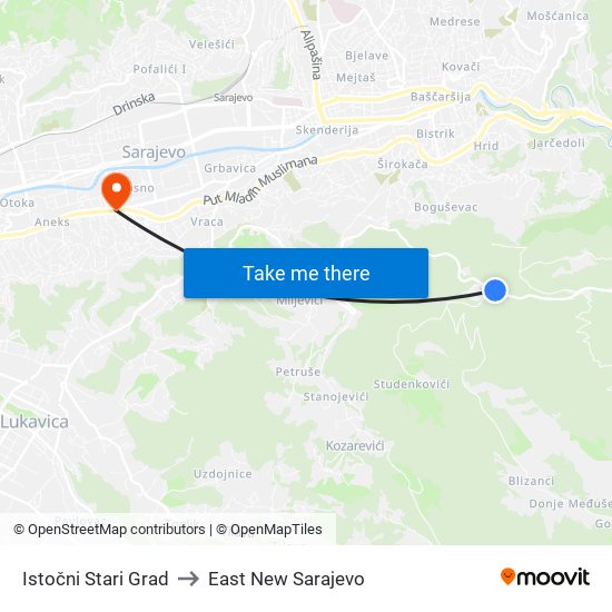 Istočni Stari Grad to East New Sarajevo map