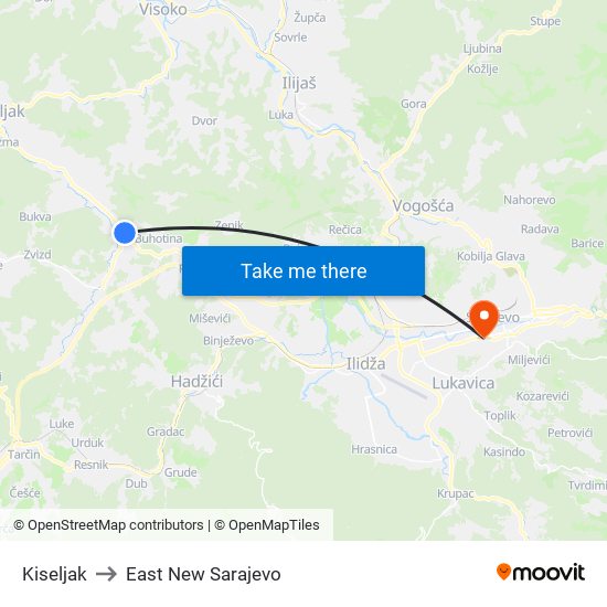 Kiseljak to East New Sarajevo map