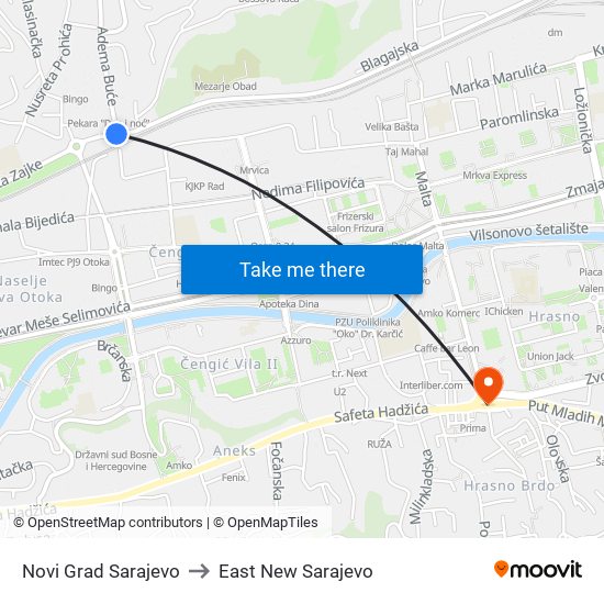 Novi Grad Sarajevo to East New Sarajevo map