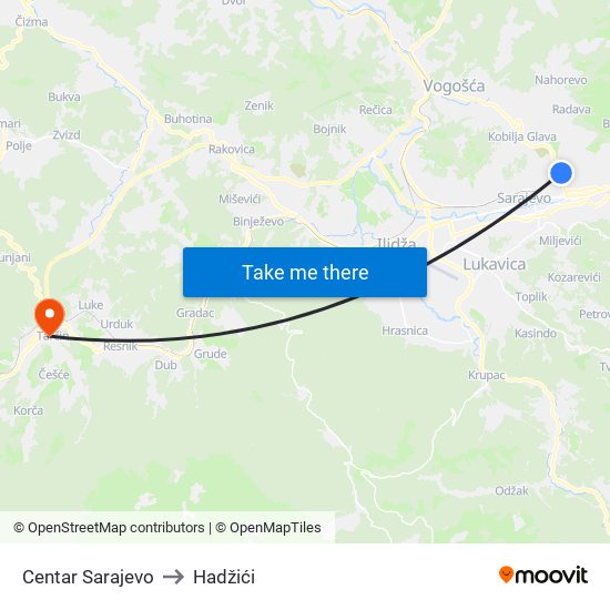 Centar Sarajevo to Hadžići map