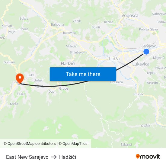 East New Sarajevo to Hadžići map