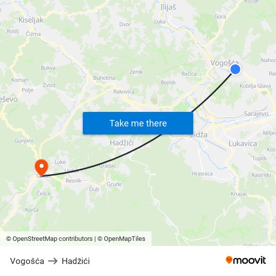 Vogošća to Hadžići map