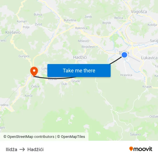 Ilidža to Hadžići map