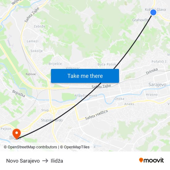 Novo Sarajevo to Ilidža map