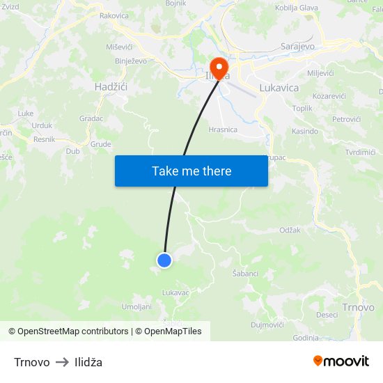 Trnovo to Ilidža map