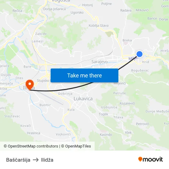 Baščaršija to Ilidža map