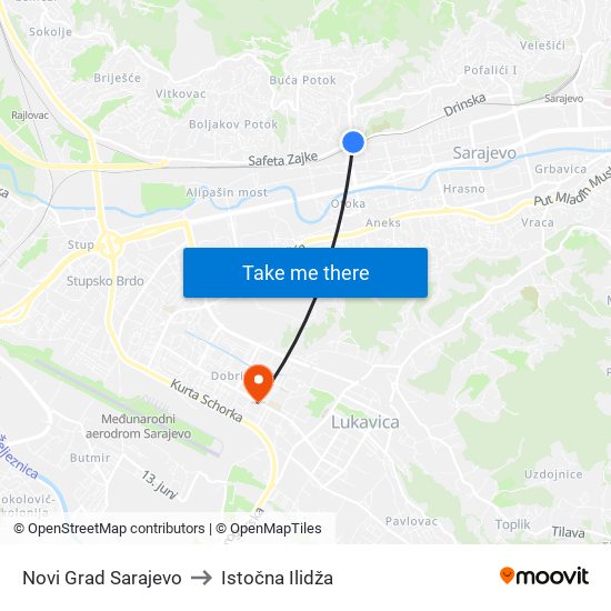 Novi Grad Sarajevo to Istočna Ilidža map