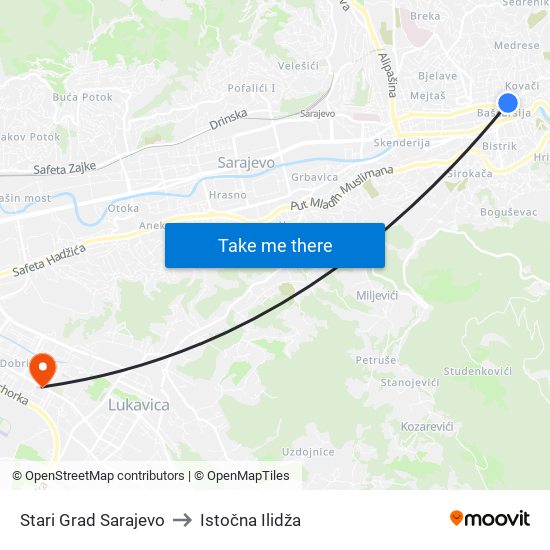 Stari Grad Sarajevo to Istočna Ilidža map