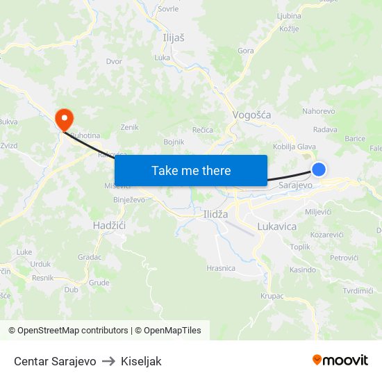 Centar Sarajevo to Kiseljak map