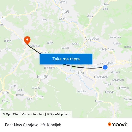 East New Sarajevo to Kiseljak map