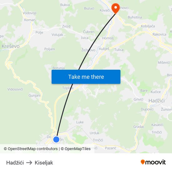 Hadžići to Kiseljak map