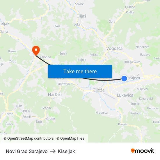 Novi Grad Sarajevo to Kiseljak map