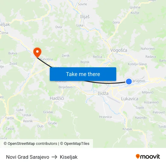 Novi Grad Sarajevo to Kiseljak map