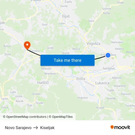 Novo Sarajevo to Kiseljak map