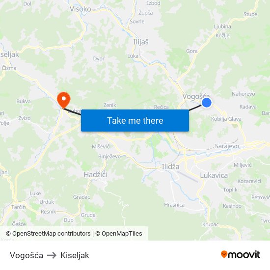 Vogošća to Kiseljak map