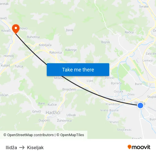 Ilidža to Kiseljak map