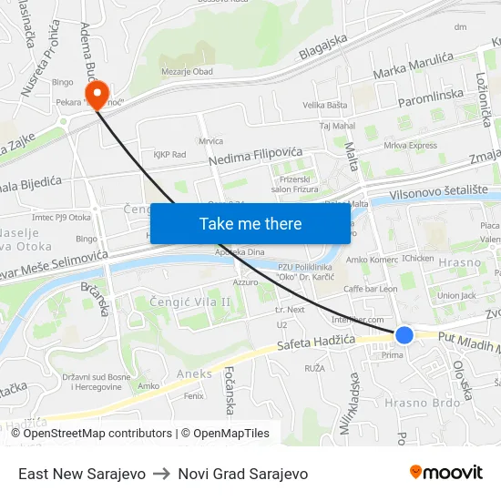 East New Sarajevo to Novi Grad Sarajevo map