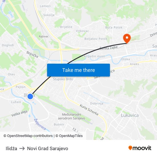 Ilidža to Novi Grad Sarajevo map