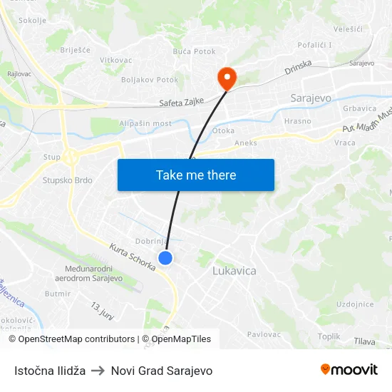 Istočna Ilidža to Novi Grad Sarajevo map