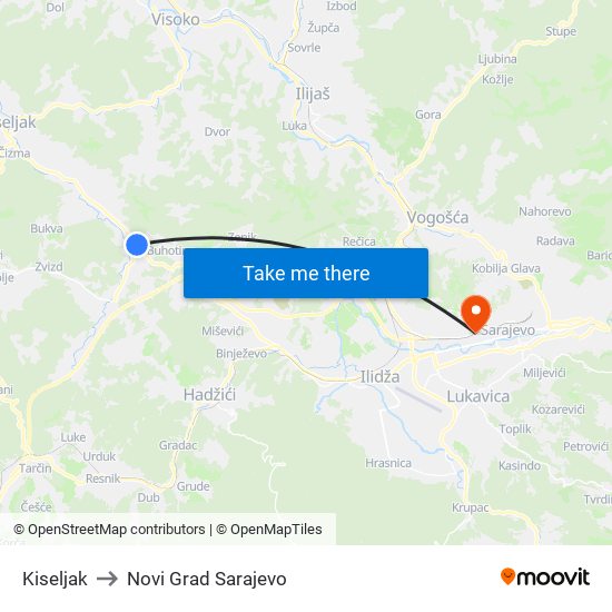 Kiseljak to Novi Grad Sarajevo map