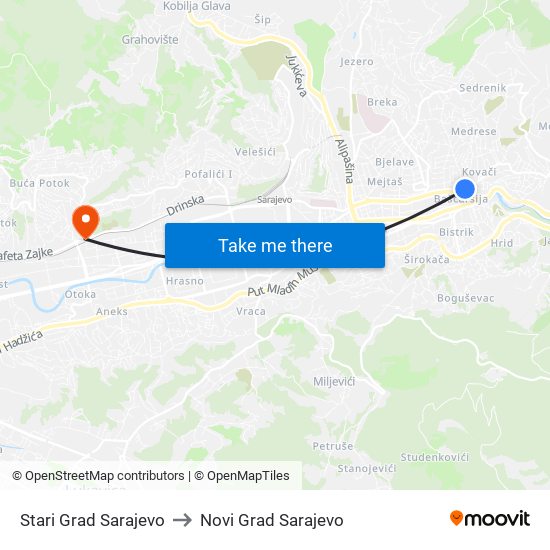 Stari Grad Sarajevo to Novi Grad Sarajevo map