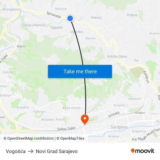 Vogošća to Novi Grad Sarajevo map