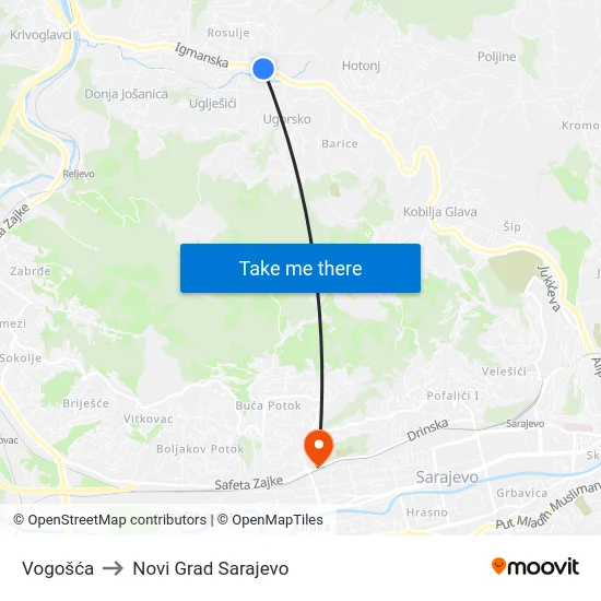 Vogošća to Novi Grad Sarajevo map