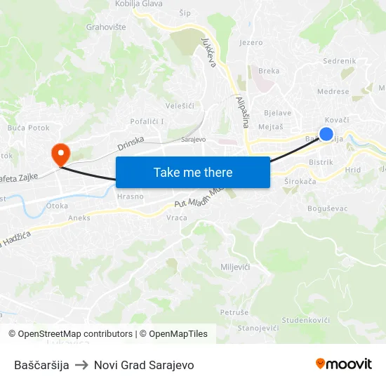 Baščaršija to Novi Grad Sarajevo map