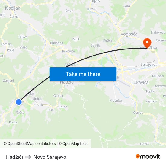 Hadžići to Novo Sarajevo map