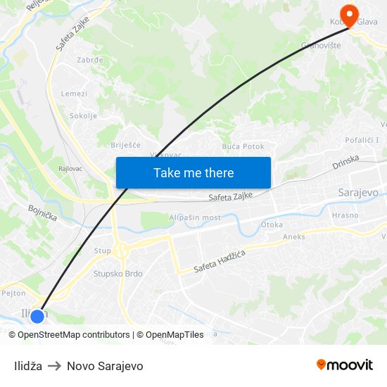Ilidža to Novo Sarajevo map
