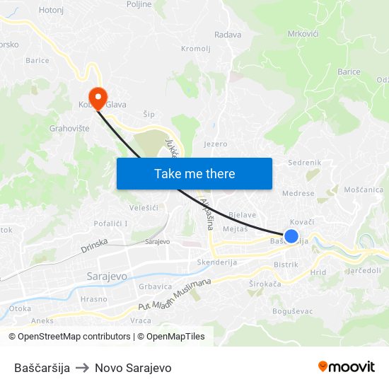 Baščaršija to Novo Sarajevo map